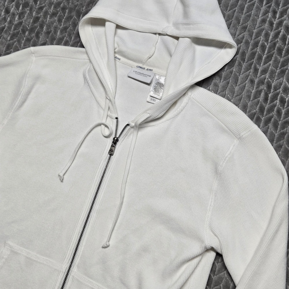 Liz Claiborne Lizwear Jeans White Waffle Knit Full Zip Hoodie Large